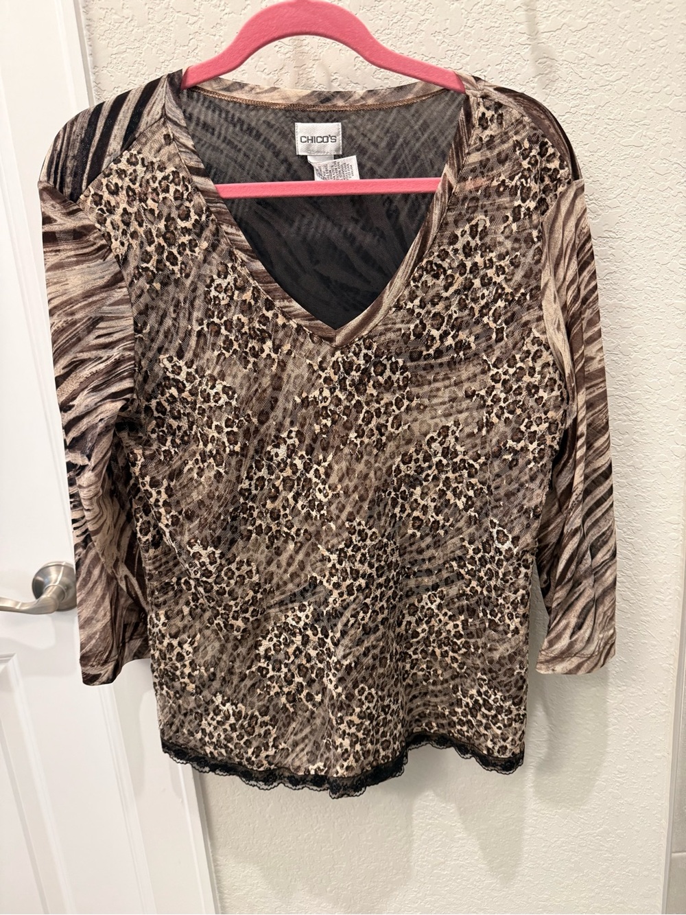 Chico's Brown Mixed Animal Print V-Neck Long Sleeve Top